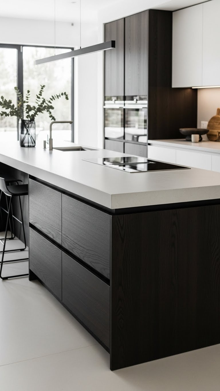 Modern minimalist kitchen island with dark wood paneling, light concrete countertop, and integrated induction cooktop. Sleek bar stools.