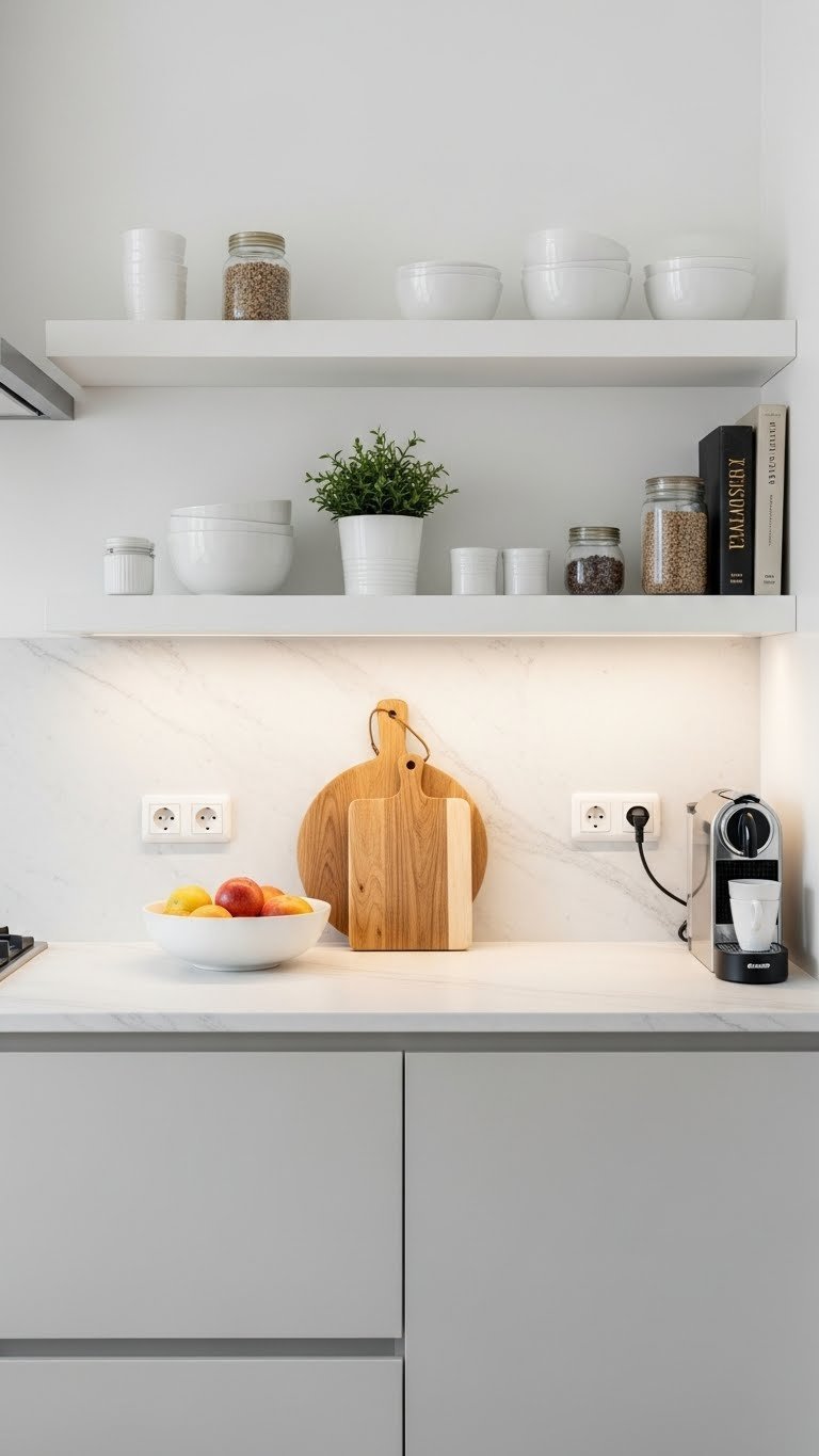 Modern minimalist kitchen with floating shelves displaying white ceramic bowls and wooden cutting board on marble countertop with natural lighting
