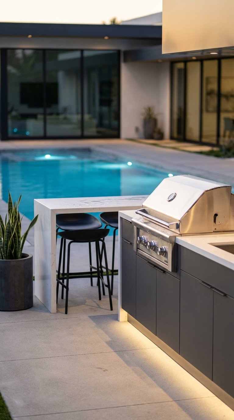 Modern minimalist outdoor kitchen with dark gray cabinets and white quartz countertop next to serene swimming pool during golden hour evening lighting