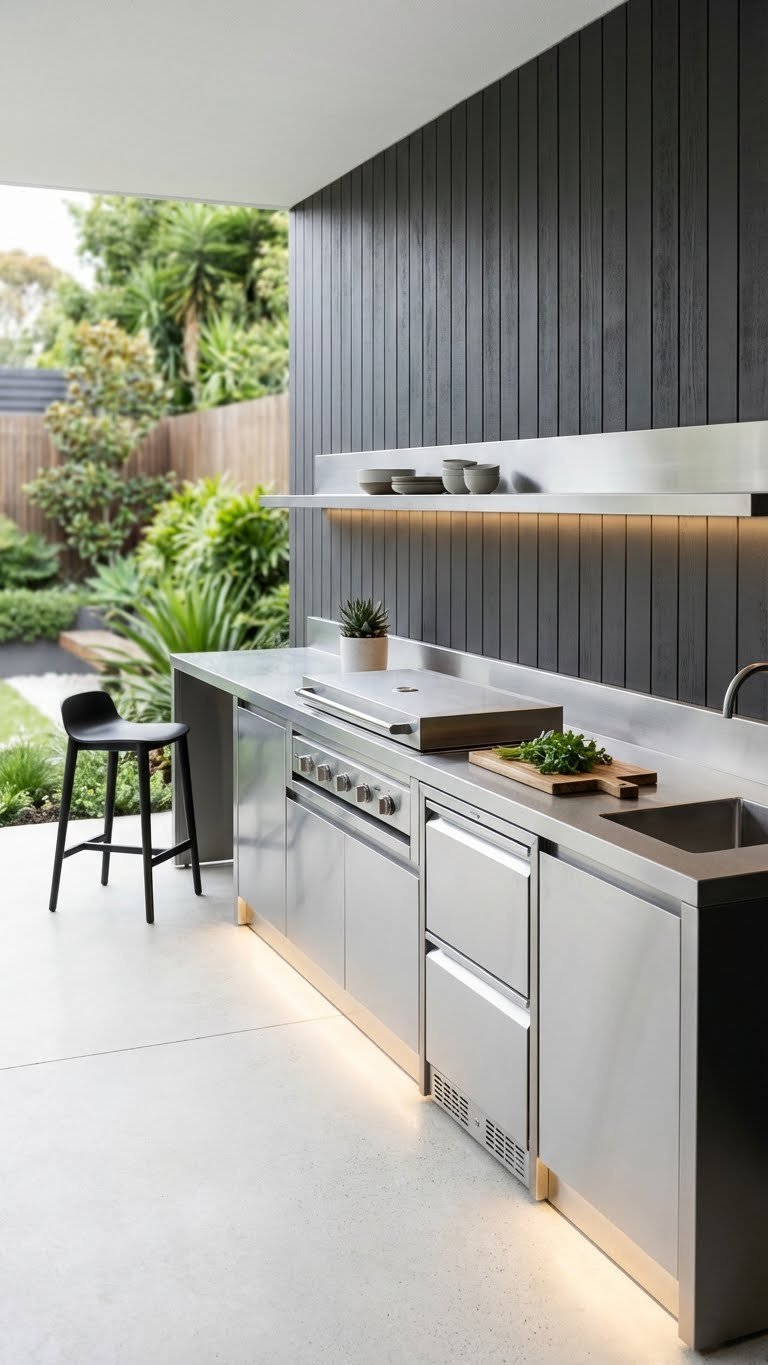 Modern minimalist outdoor kitchen with stainless steel countertops and integrated appliances against dark gray slatted wall