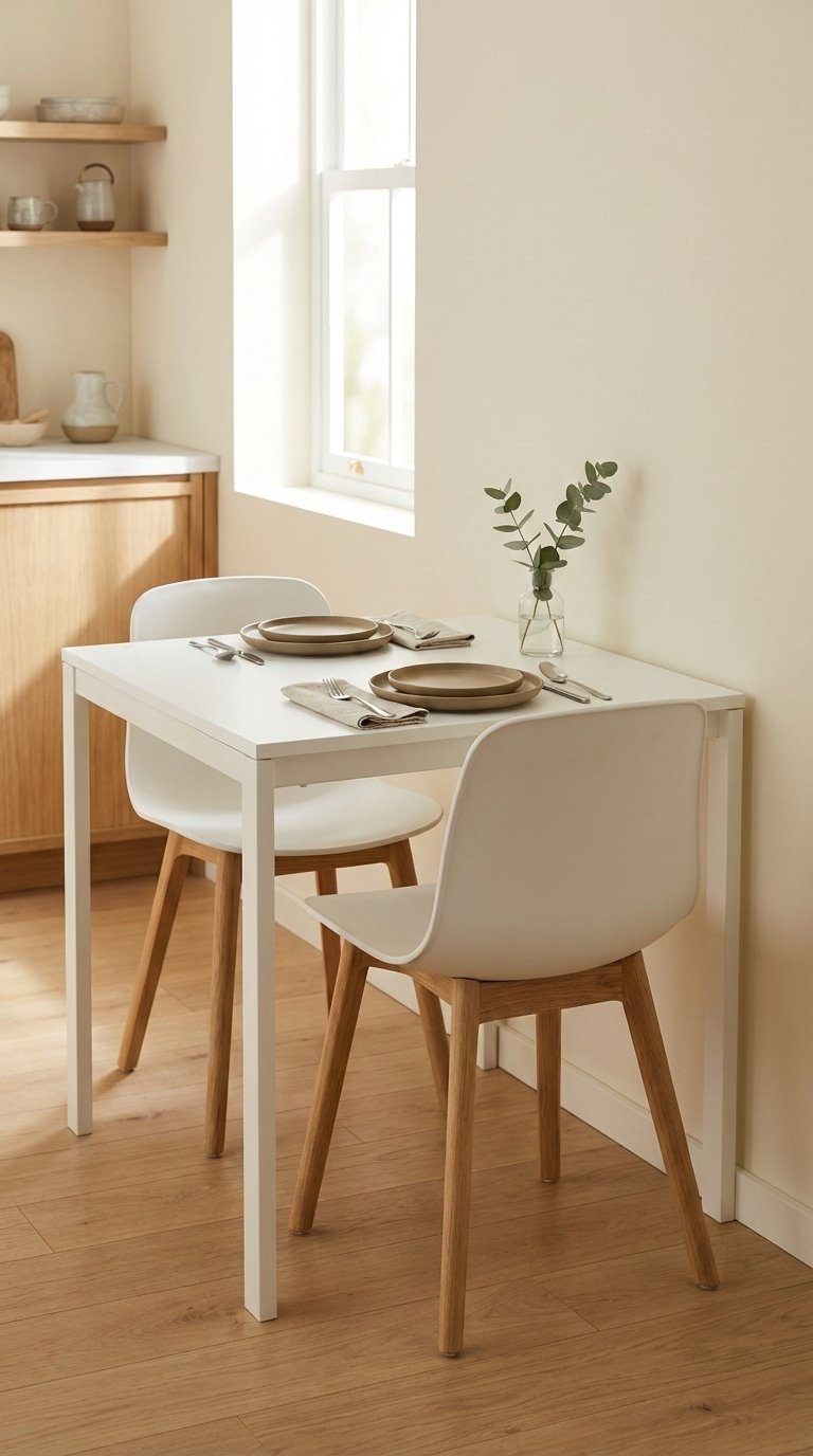 Modern minimalist small square white kitchen table set for two with simple place settings in corner space.