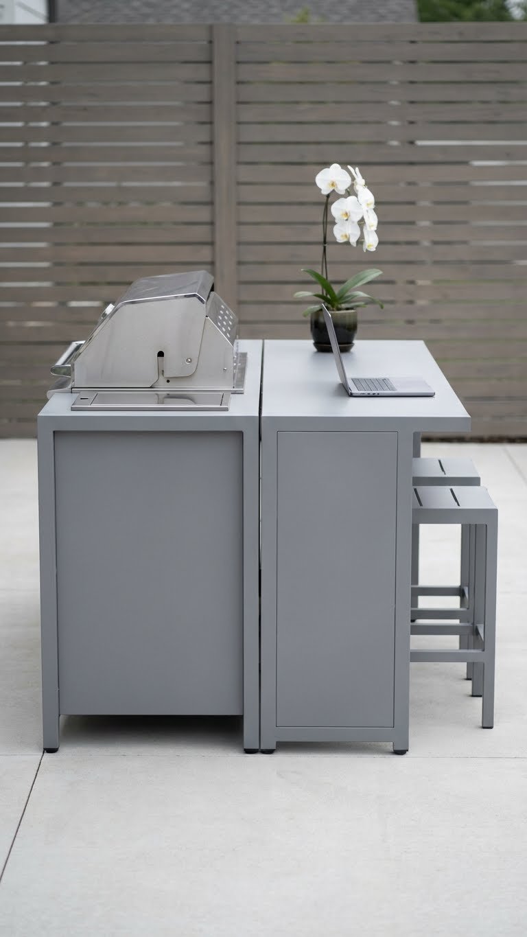 Outdoor Kitchen Island Ideas For Small Spaces With Seating 10 Modern modular outdoor kitchen island with stainless steel grill on contemporary concrete patio