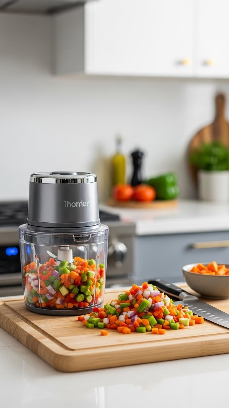 Modern multi-chopper surrounded by freshly diced vegetables on a wooden cutting board in a bright kitchen setting