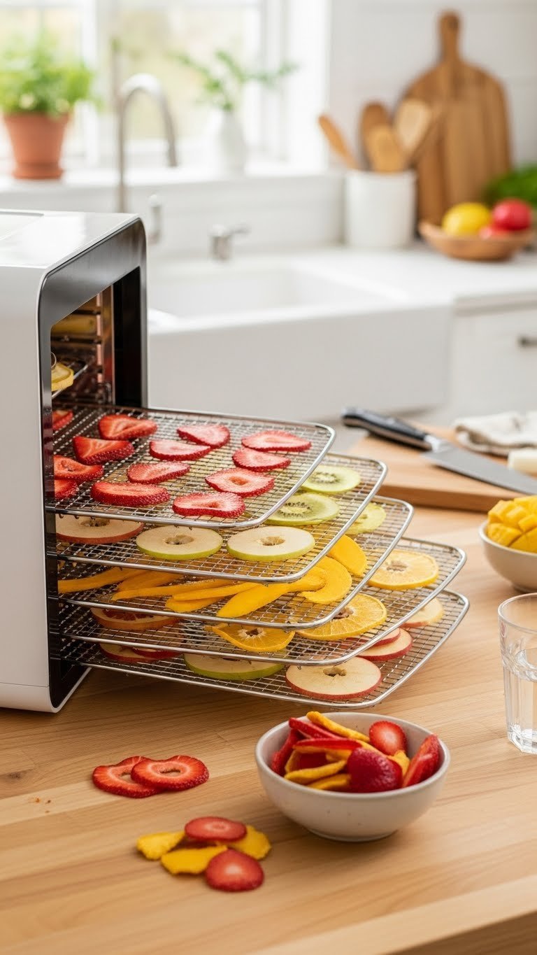 Modern multi-tray food dehydrator processing colorful sliced fruit with finished dried pieces in ceramic bowl on light wood countertop