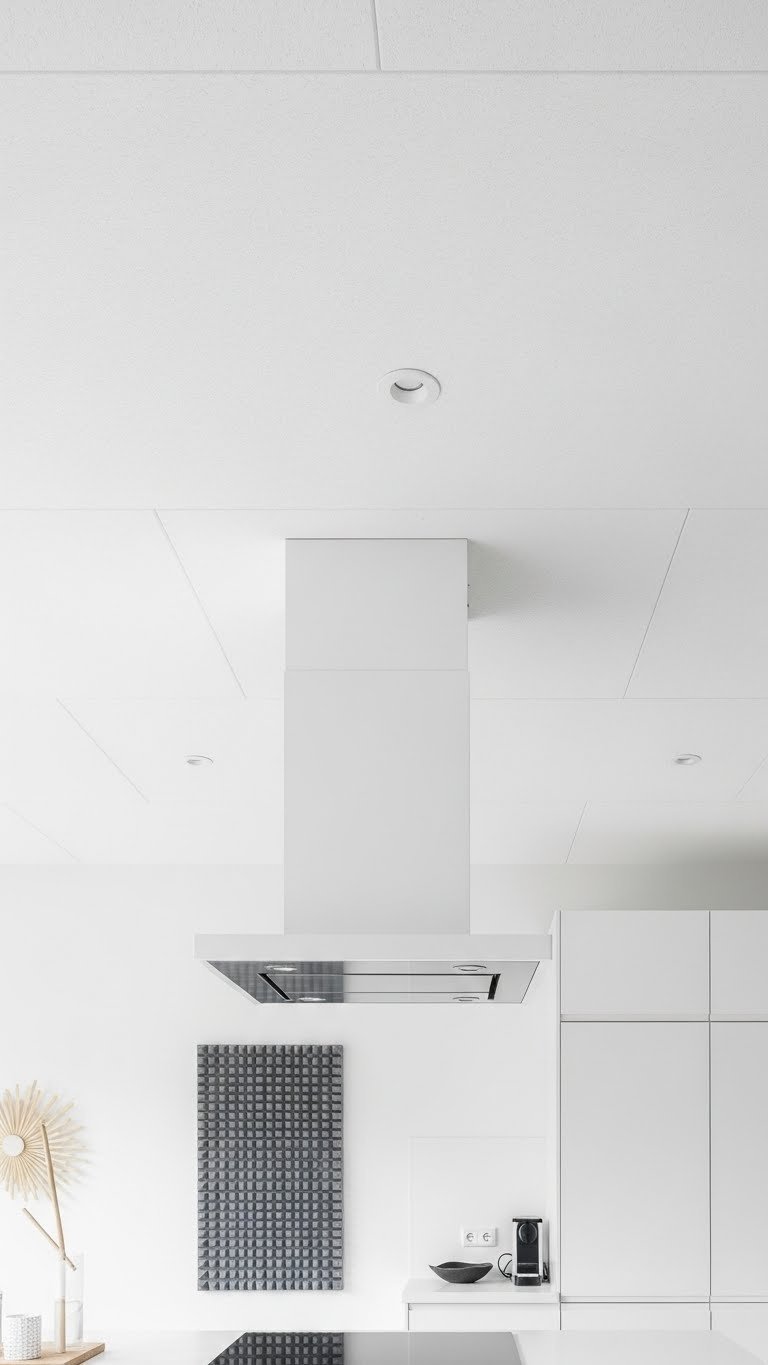 Modern open concept kitchen ceiling with discreet acoustic paneling, flush range hood. Clean, serene design in whites, light gray, natural woods.