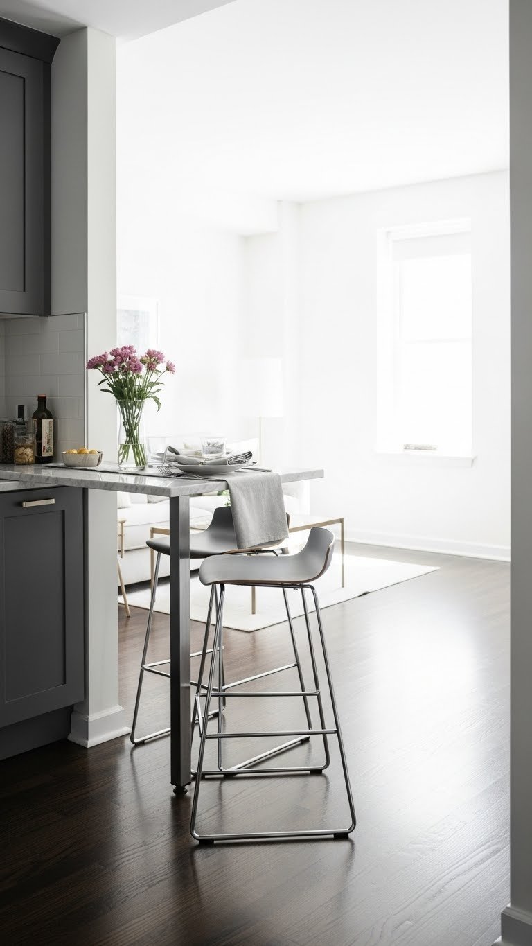 Modern open concept kitchen with portable charcoal gray island, white marble top, and two bar stools. Informal dining in a minimalist apartment.