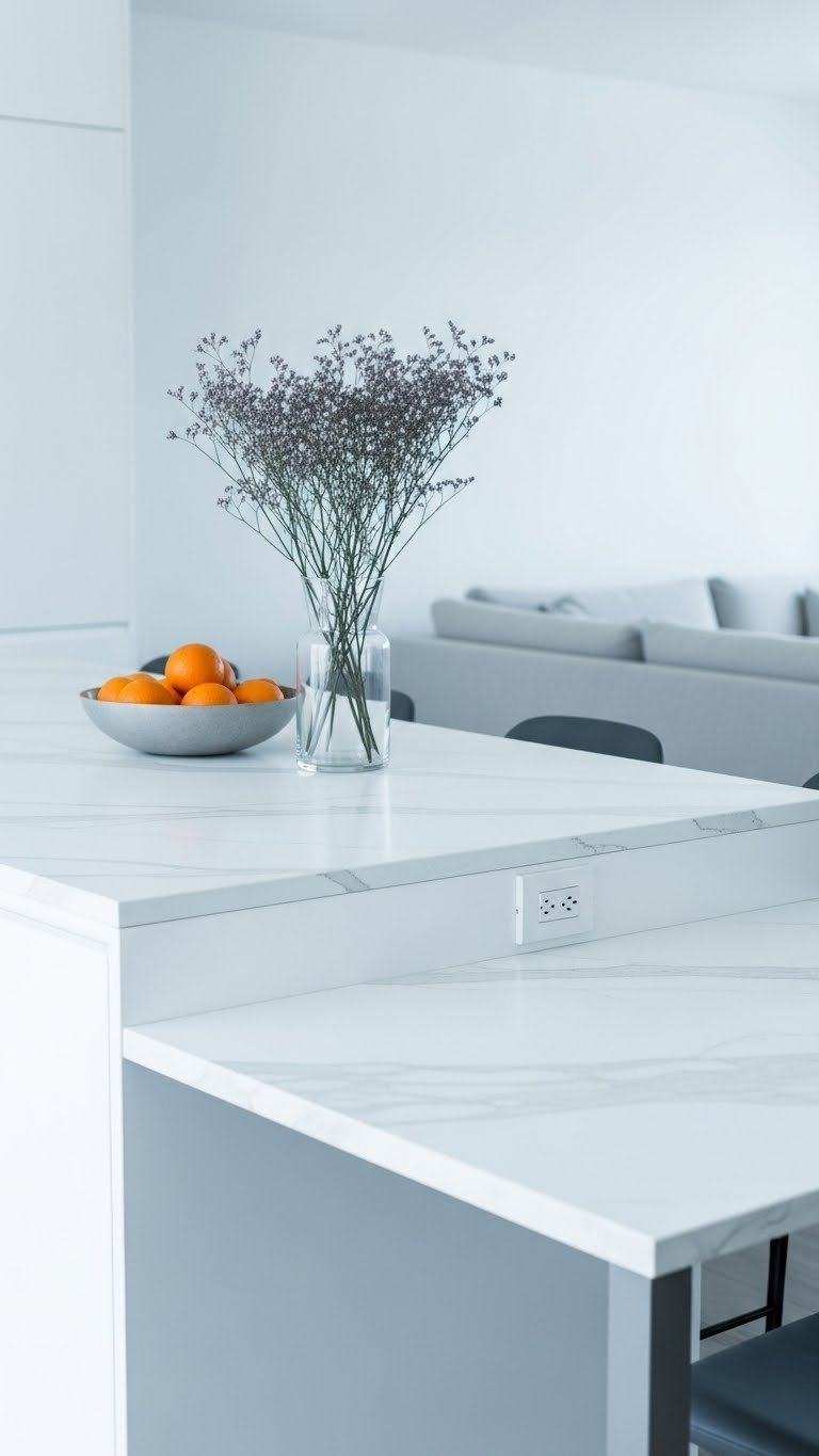 Modern open kitchen island with seamless white marble-effect countertop extending into a lower dining area. Monochromatic blue/white decor.