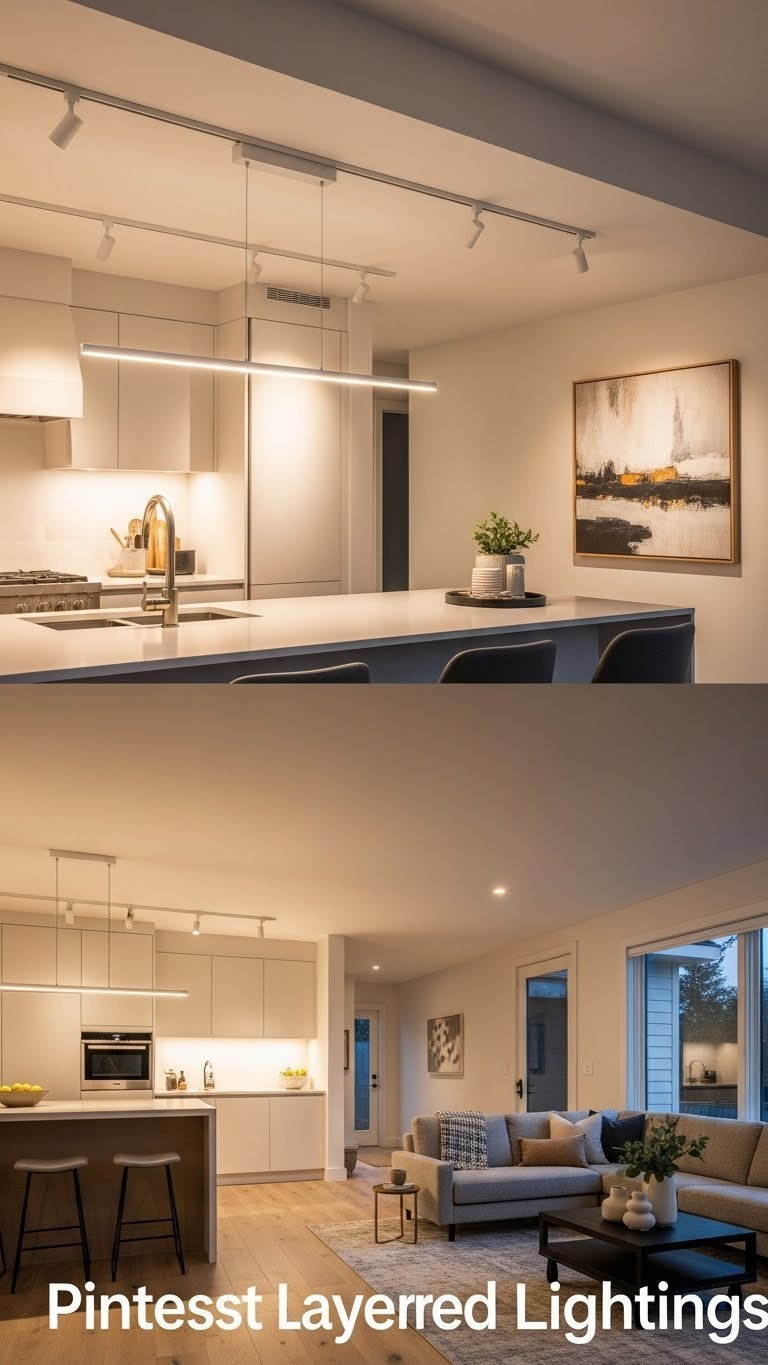 Modern open kitchen & living room at dusk, layered lighting: warm recessed, accent track for art, task under-cabinet LEDs. Cozy home interior design.