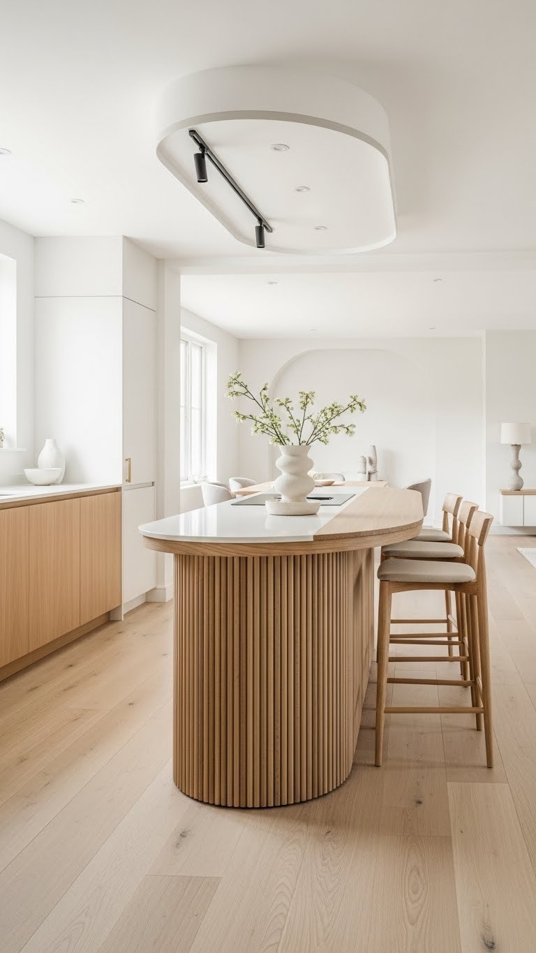 Modern open kitchen with elegant curved island, light wood & white stone, custom stools, minimalist floral. Warm creams, natural woods.