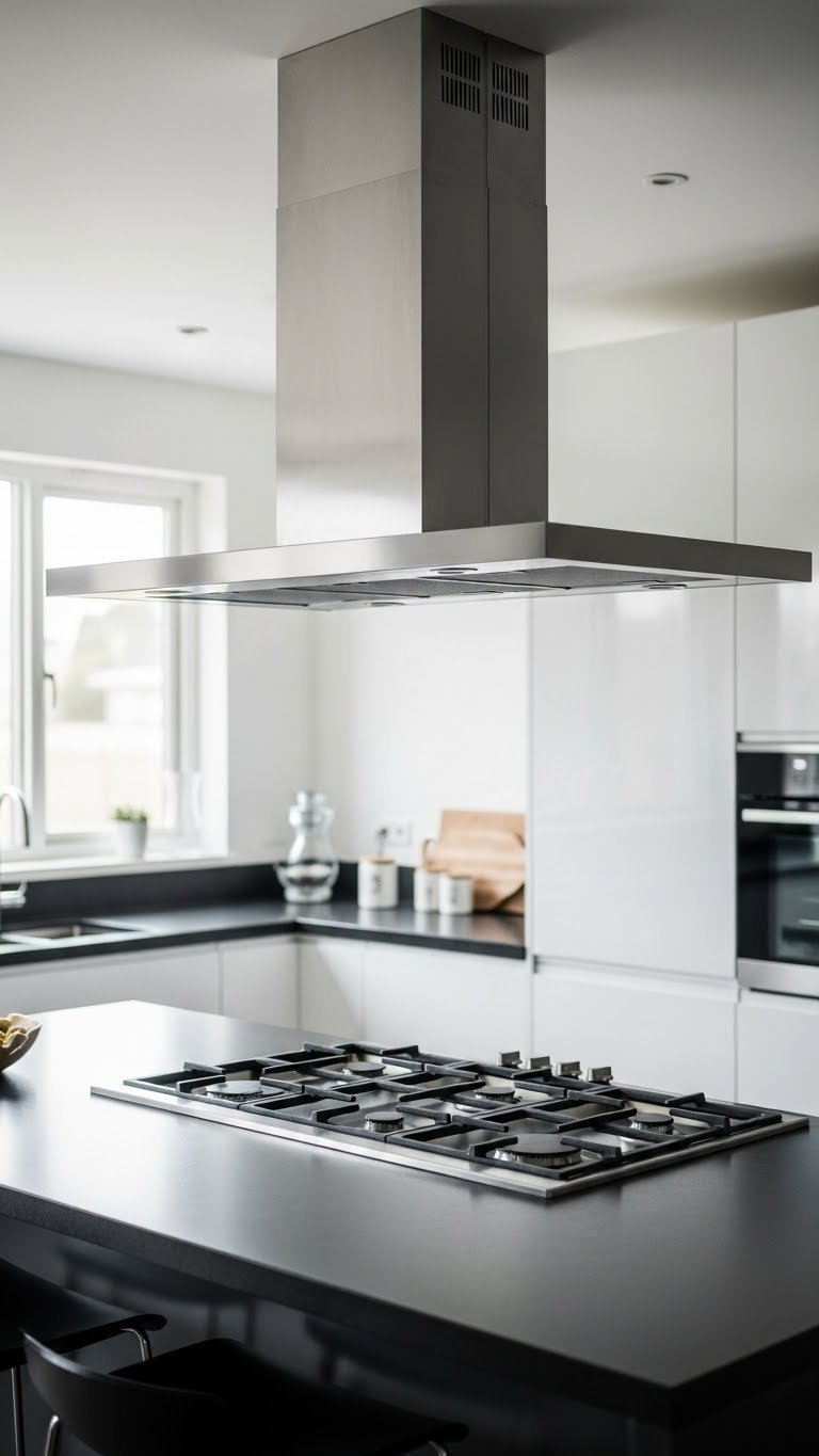 Open Floor Plan Living Room &Amp; Kitchen: Design Ultimate Spaces 13 Modern open kitchen with stainless steel range hood over gas range in island. Dark stone countertop, white cabinetry.