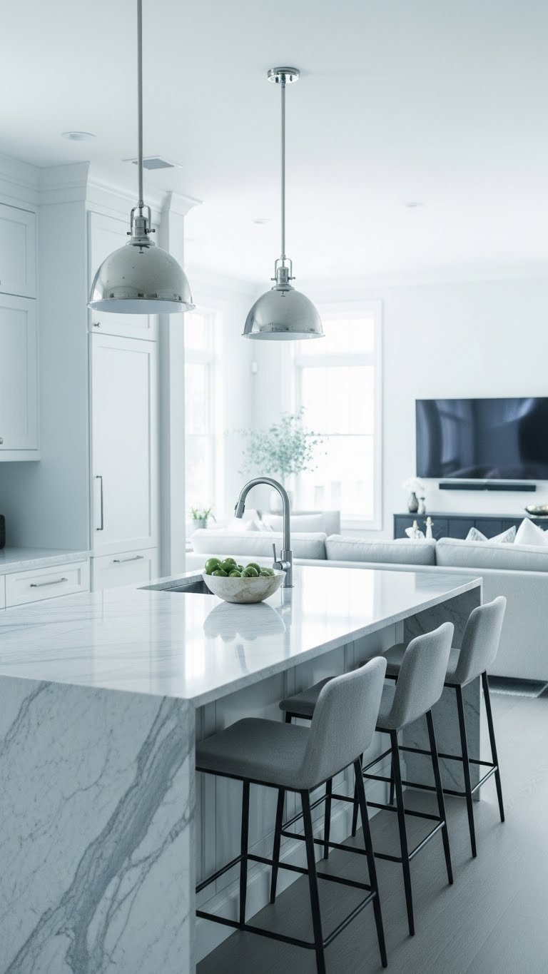 Modern open plan kitchen with sleek island and breakfast bar with stools, dividing kitchen from living room. Monochromatic blue and white tones.