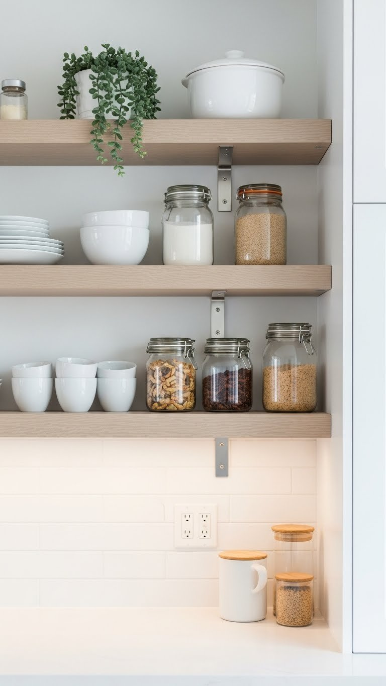 Modern open shelving unit with white ceramic dishes, glass jars, and small plant in bright minimalist kitchen with natural wood tones