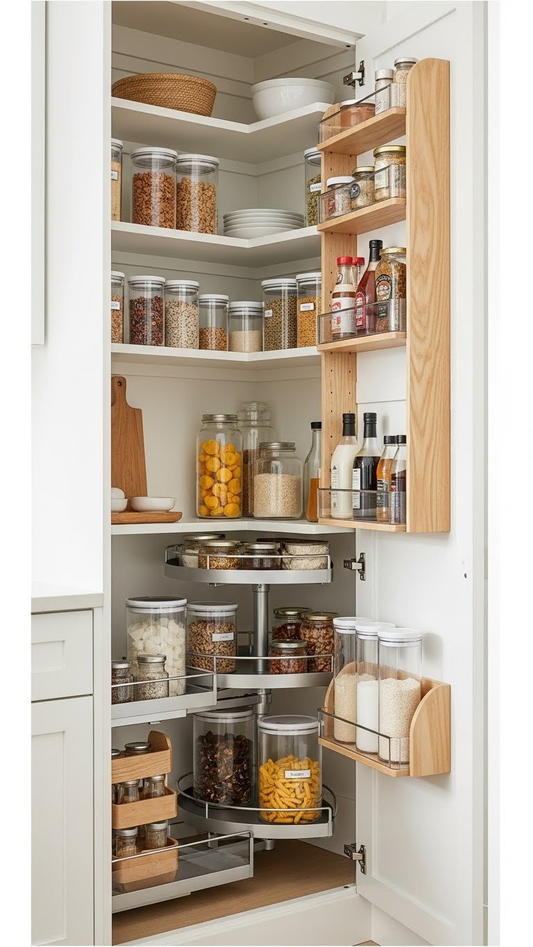 Modern, optimized small corner pantry features intelligent storage with lazy Susans and tiered shelves, brightly lit.