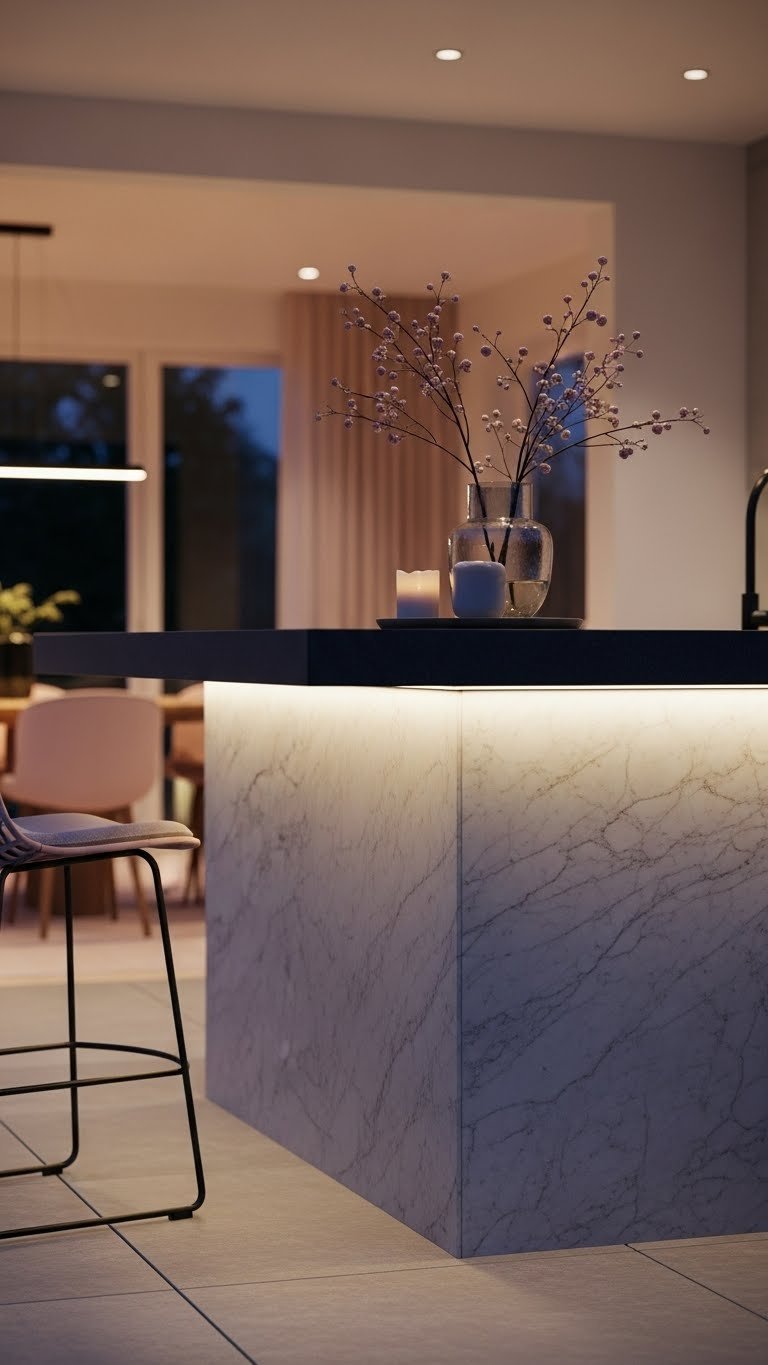 Modern outdoor kitchen counter with subtle LED lighting creating floating effect on dark stone surface