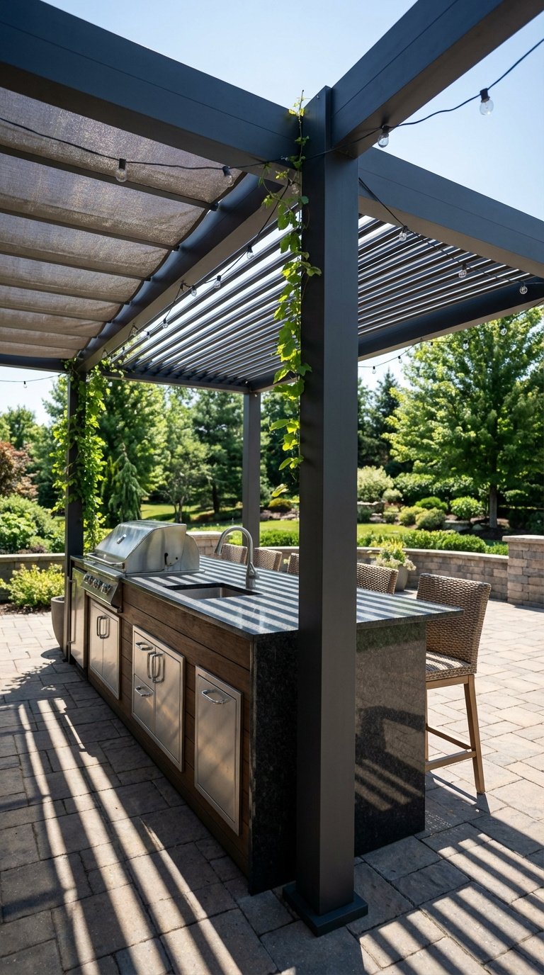Outdoor Kitchen Entertaining Ideas Proven Tips For Homeowners 14 Modern outdoor kitchen under dark aluminum pergola with dappled sunlight patterns on kitchen island.