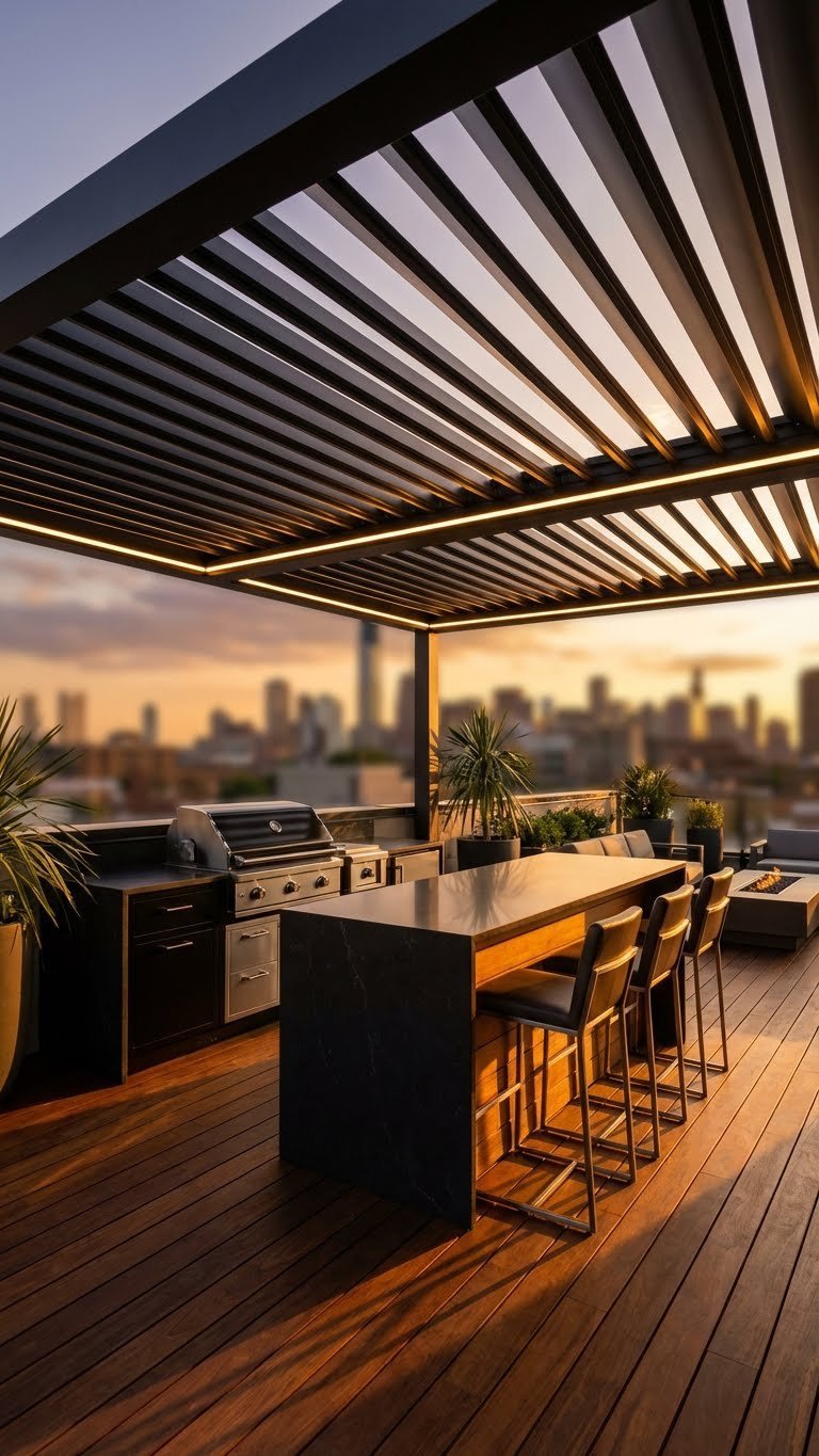 Outdoor Kitchen Rooftop Complete Planning Design Guide 5 Modern outdoor kitchen with black aluminum louvered roof system on rooftop terrace during golden hour sunset