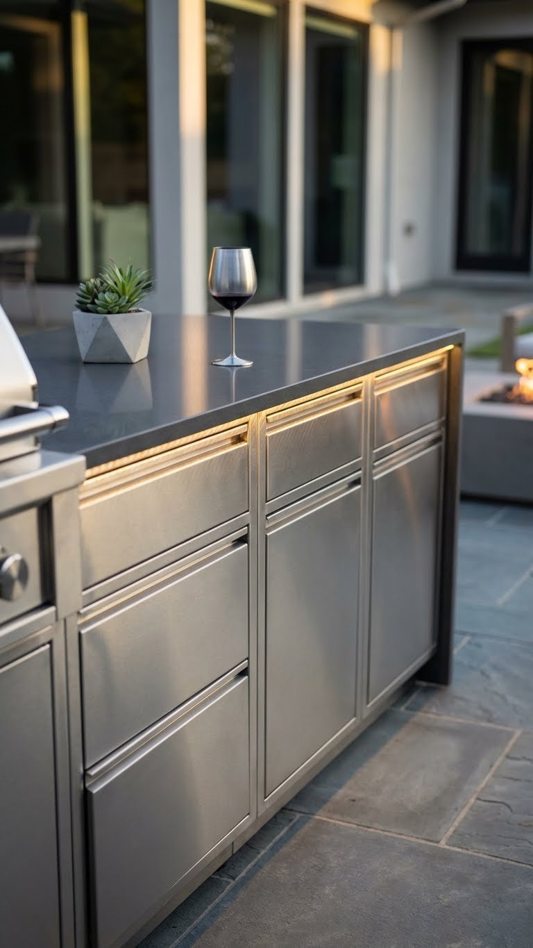 Outdoor Kitchen Cabinets Ideas For Stylish Durable Storage 1 Modern outdoor kitchen with brushed stainless steel cabinets and dark quartz countertop illuminated by warm LED lighting on slate patio.