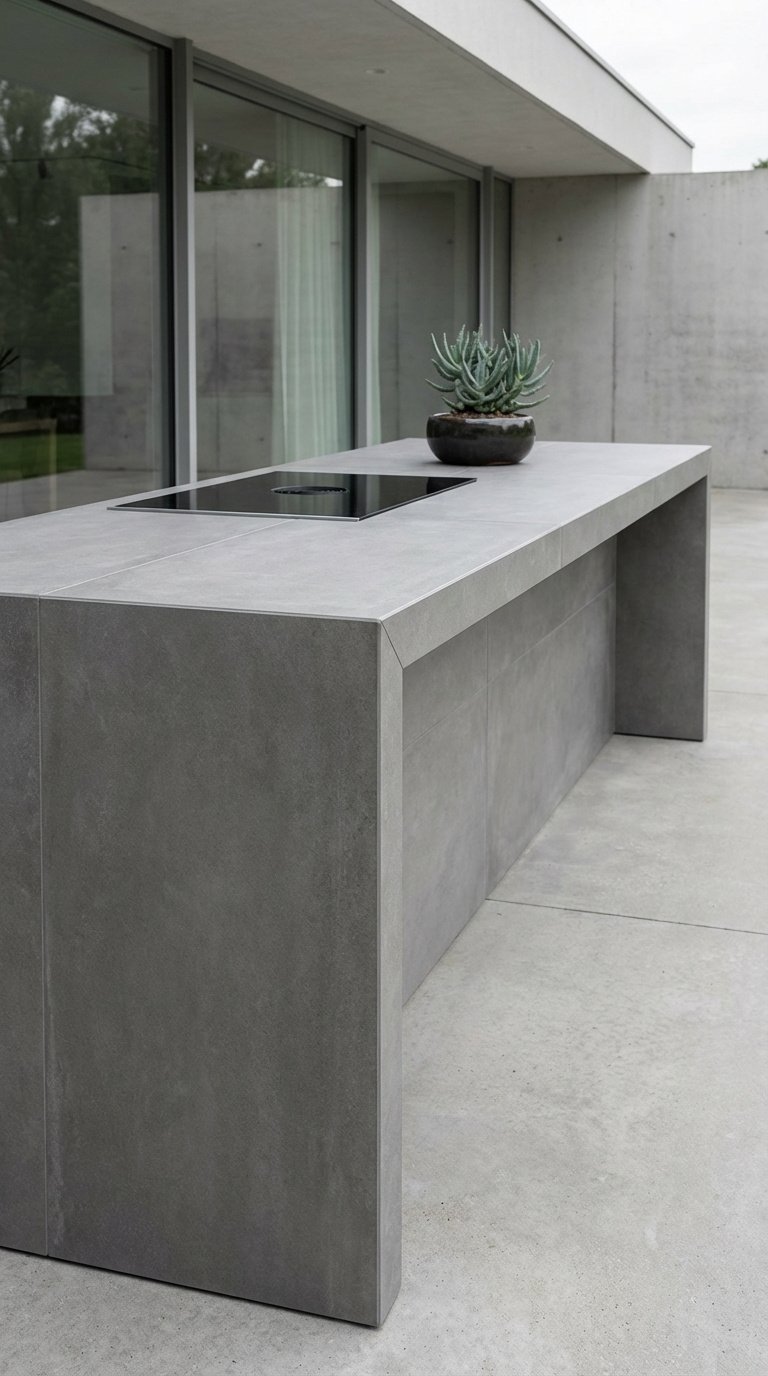 Modern outdoor kitchen with matte gray porcelain tiles featuring waterfall countertop and built-in induction cooktop