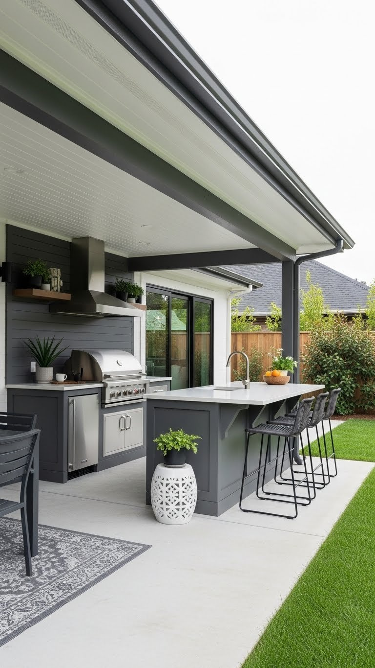 Modern outdoor kitchen with stainless steel appliances under roofline extension on concrete patio with bar seating and lush green lawn backdrop