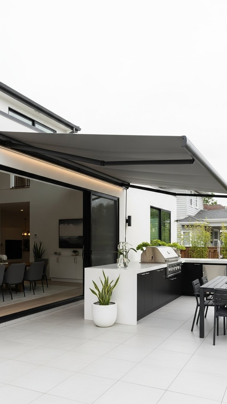Modern outdoor kitchen with white concrete countertop under motorized retractable awning on gray tile patio with minimalist house backdrop