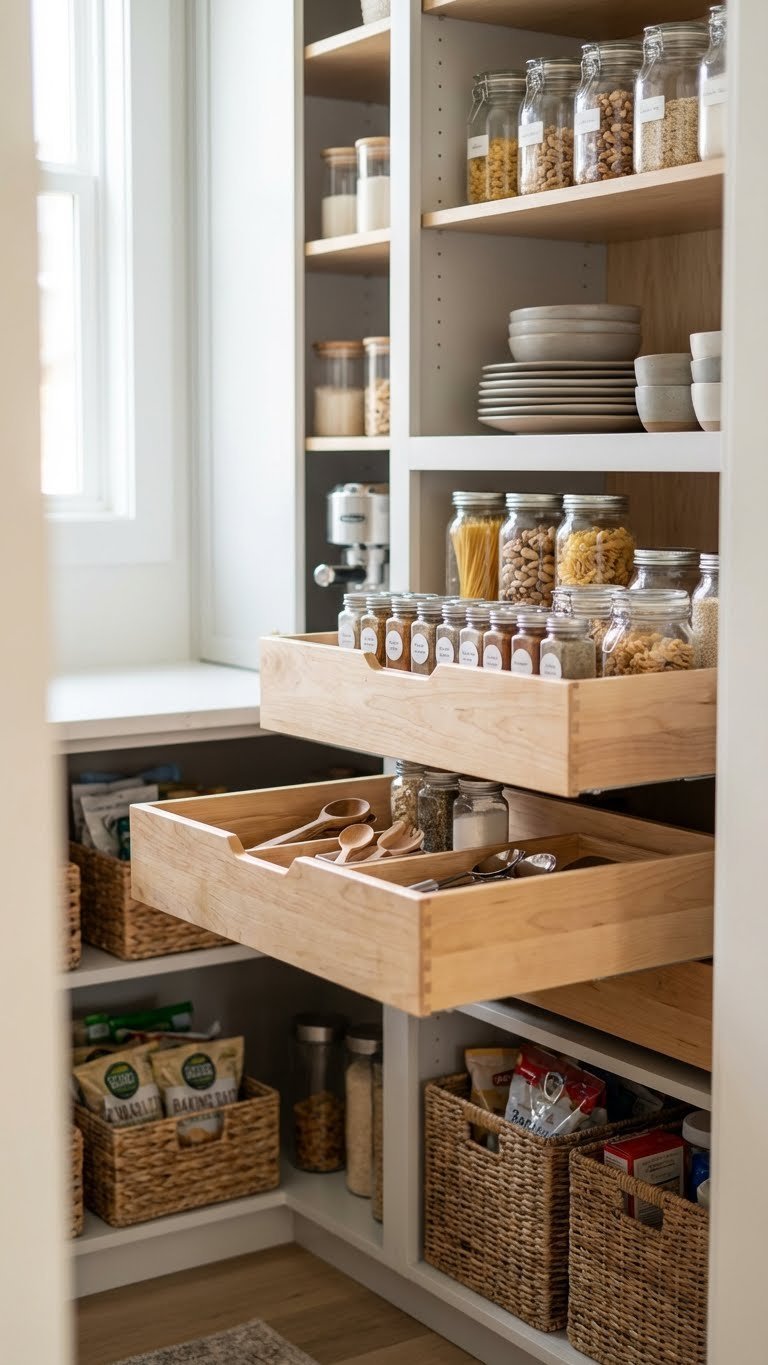 7 Genius Kitchen Pantry Ideas: Convert Your Walk-In Closet 3 Modern pantry with pull-out drawers revealing organized dry goods, spices, and kitchen tools, highlighting functional storage design.