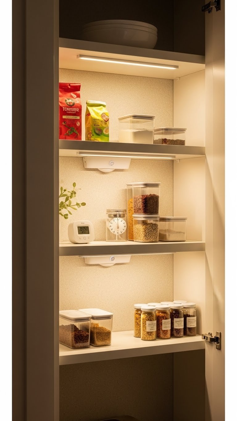 11 Pantry Closet Ideas: Transform Small Spaces, Organize Smarter 15 Modern pantry with smart LED strip lighting, illuminating organized shelves and clear containers for optimal visibility.