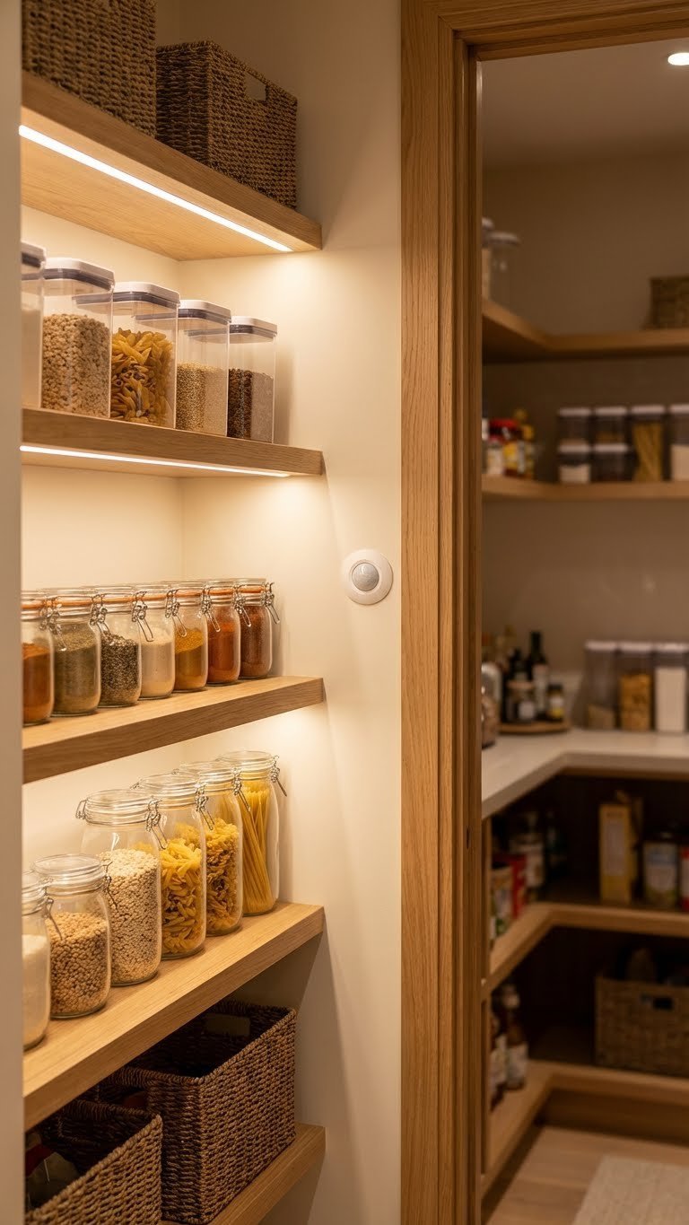 Modern pantry with warm LED strip lighting illuminating organized shelves filled with glass jars and containers for enhanced kitchen visibility.