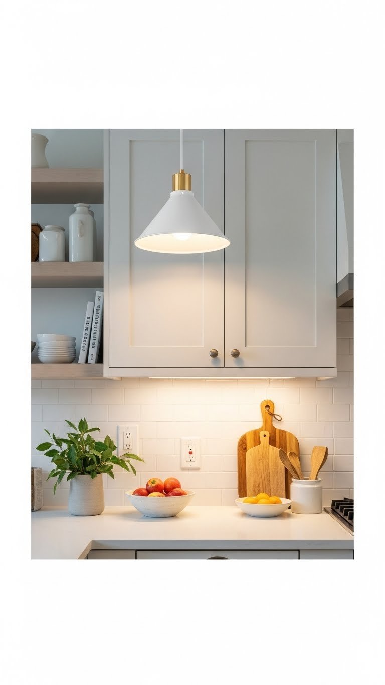 Small Kitchen Ideas 70S: 9 Proven Ways To Modernize Now 5 Modern pendant light illuminating updated 70s kitchen countertop with fruit bowl and cutting board arrangement.