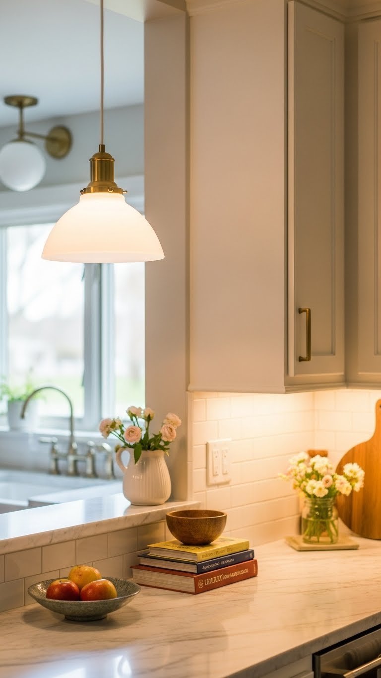 Modern pendant lighting illuminating a retro 1960s kitchen island with warm golden hour ambiance and decorative accents.