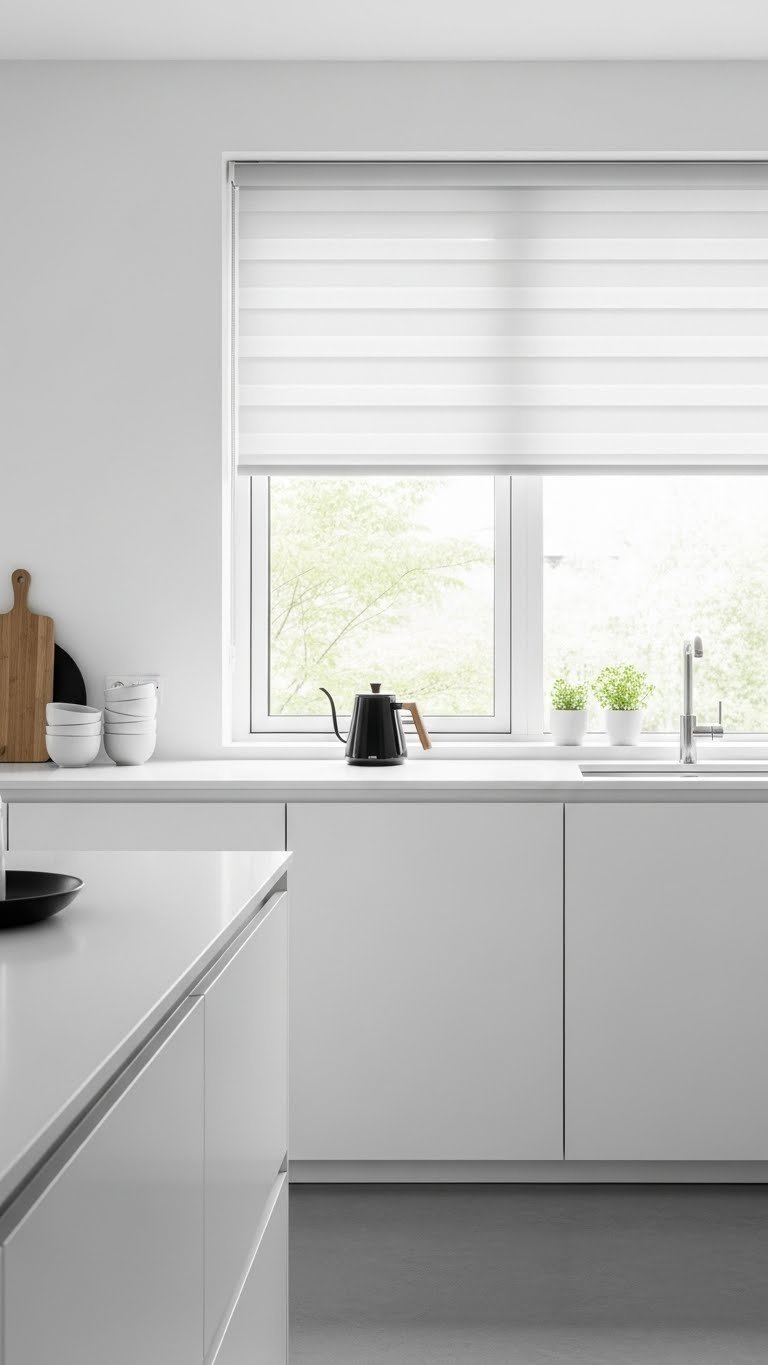 Modern roll-up blind on sleek Scandinavian kitchen window with handleless cabinets and minimalist countertop