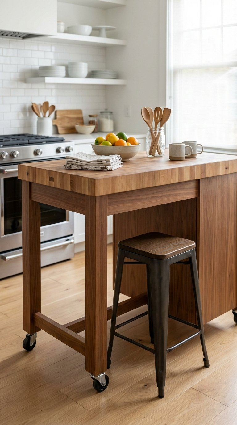 Modern rolling kitchen cart with butcher block top serving as multifunctional furniture in a compact kitchen space