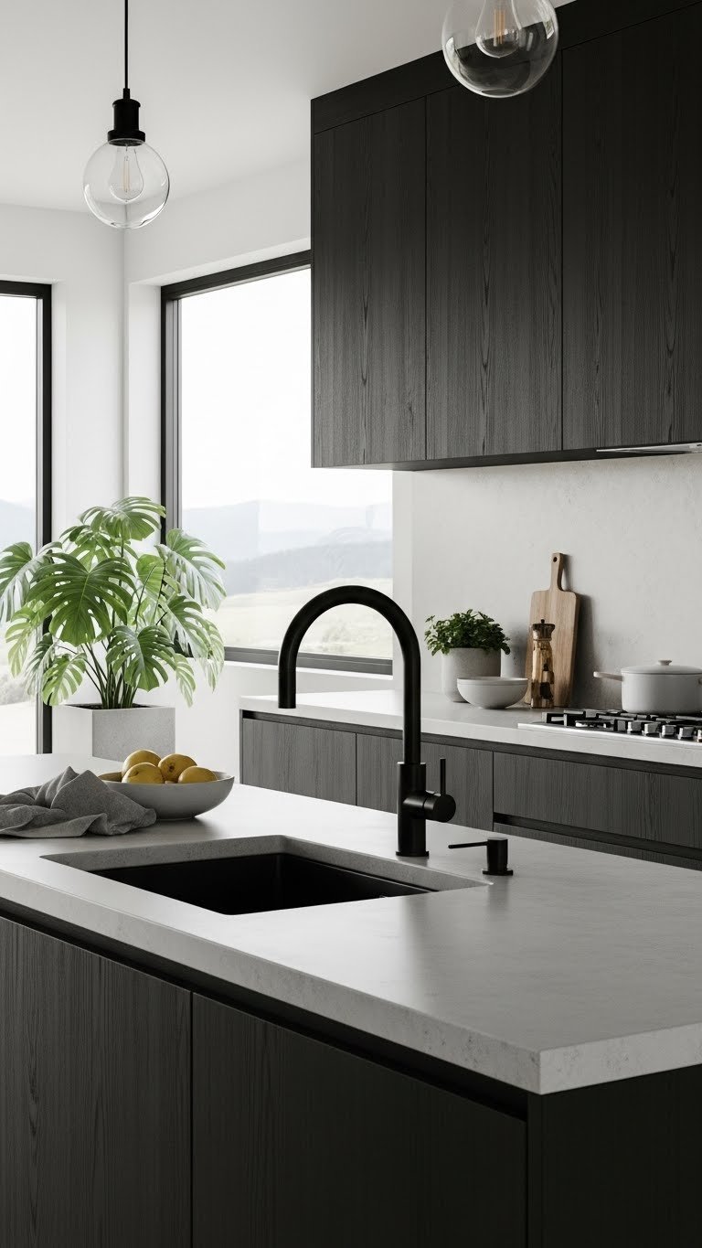 Modern rustic black kitchen with sleek cabinets and natural wood elements on light concrete countertops