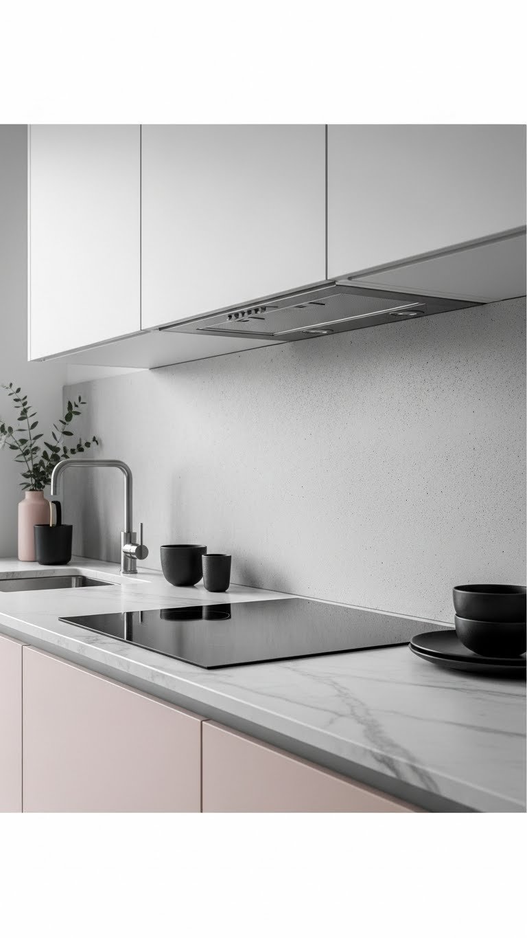 Modern rustic concrete-look backsplash with smooth gray finish and sleek contemporary kitchen elements