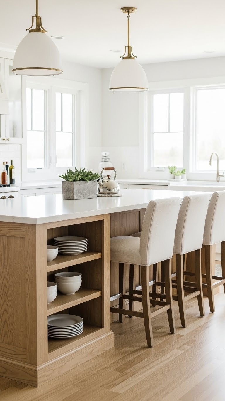Modern rustic kitchen island with open shelving, comfortable stools, and minimalist contemporary decor