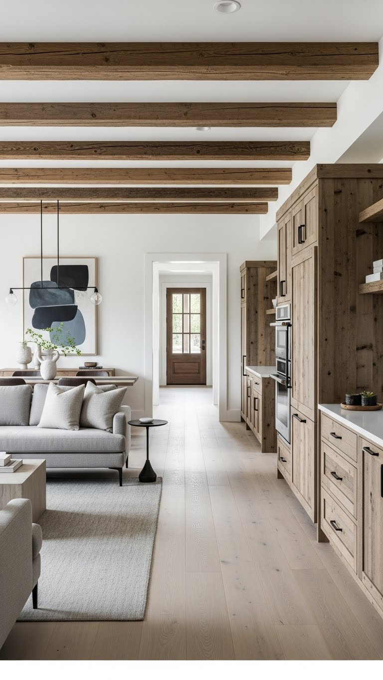 Modern rustic kitchen living room blend with plush sofa, reclaimed wood beams, and sleek appliances in cool gray tones