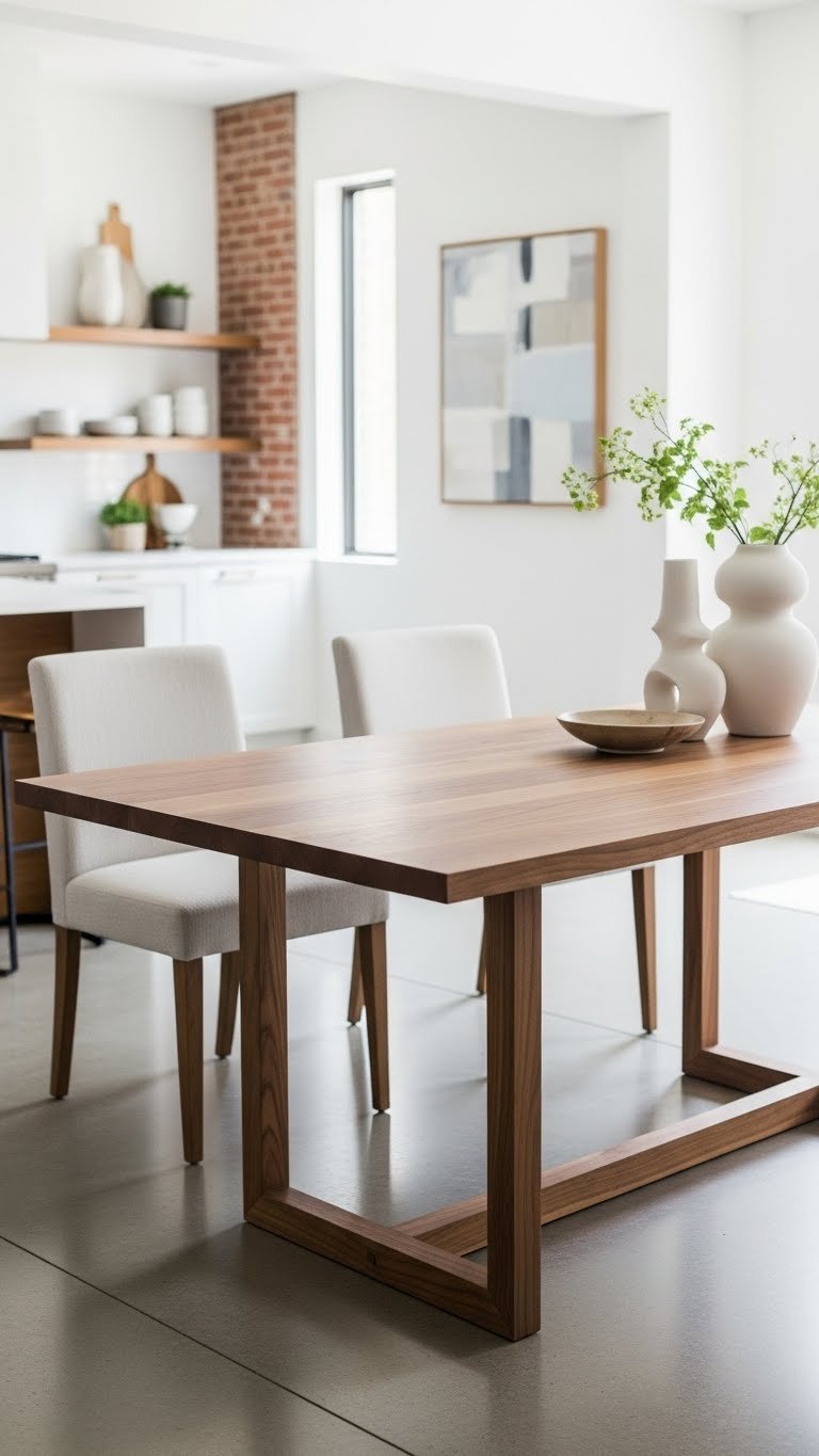 Modern rustic kitchen table with clean wood top and geometric metal base in sophisticated open-plan kitchen interior