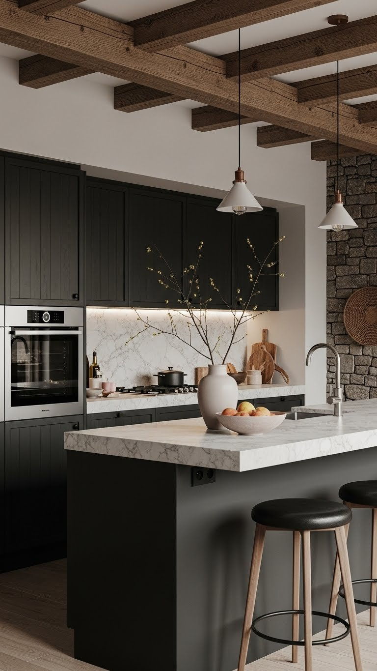 Modern rustic kitchen with dark cabinets, concrete island, and exposed wooden beams