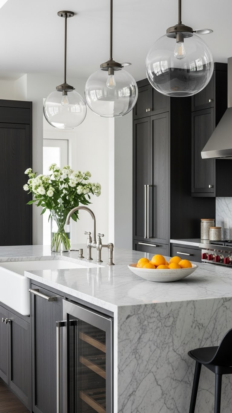 Modern rustic kitchen with elegant grey marble countertops, stainless steel appliances, and dark wood flat-panel cabinets