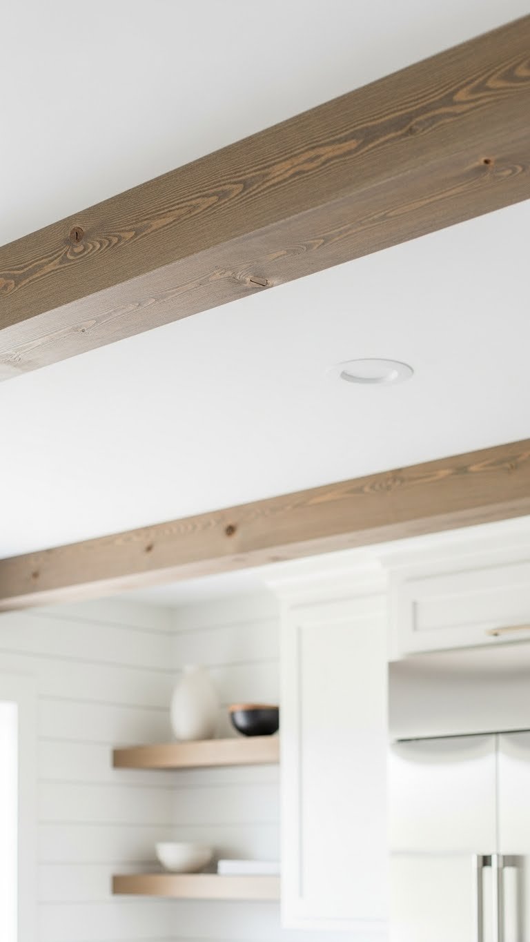 Ultimate Rustic Kitchen Exposed Beams: 9 Design Ideas 3 Modern rustic kitchen with lightweight faux wood beams on bright white ceiling showcasing subtle wood grain texture and minimalist decor.