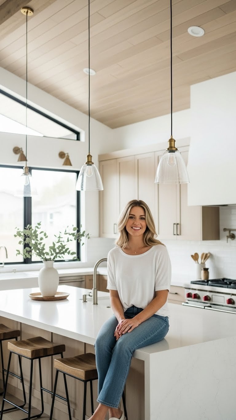 Modern rustic kitchen with minimalist wood beams, white quartz island, and clean-lined cabinetry in bright natural daylight.