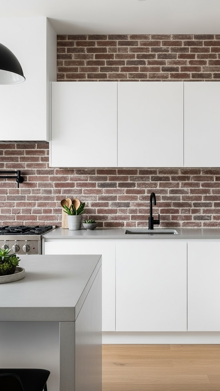 Modern rustic kitchen with sleek handleless white cabinets and exposed brick backsplash on gray concrete countertop.