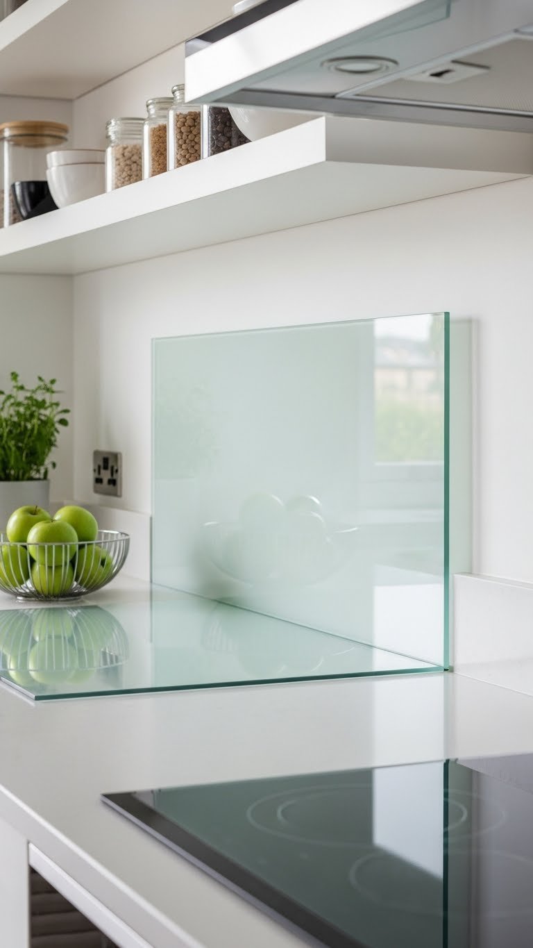 Modern scandi kitchen glass sheet splashback with reflective surface and minimalist green accents