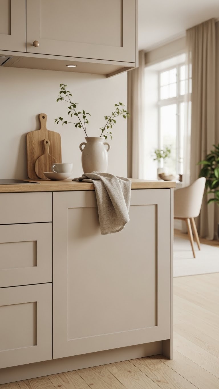 Modern scandi kitchen with matte beige handleless cabinets and light oak countertop in natural window light