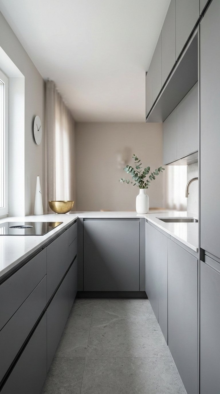 Modern small galley kitchen with handleless cabinetry and clean minimalist lines for uninterrupted surfaces