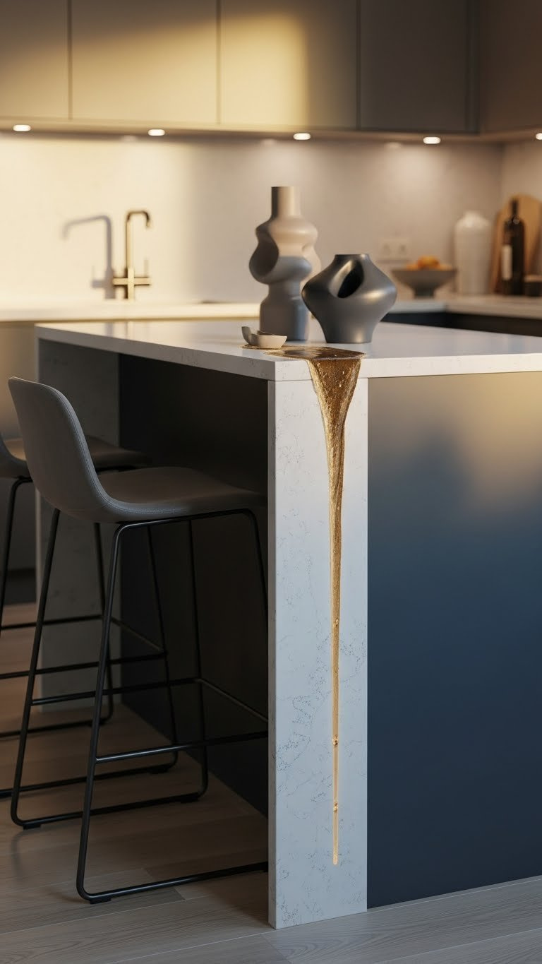 Modern small kitchen featuring sophisticated waterfall edge quartz countertop flowing down kitchen island cabinet.