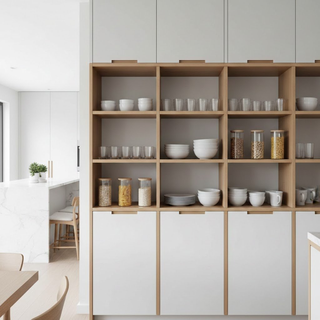 Modern small kitchen floor-to-ceiling storage cabinetry with organized pantry goods and dishware in monochromatic whites and natural wood accents