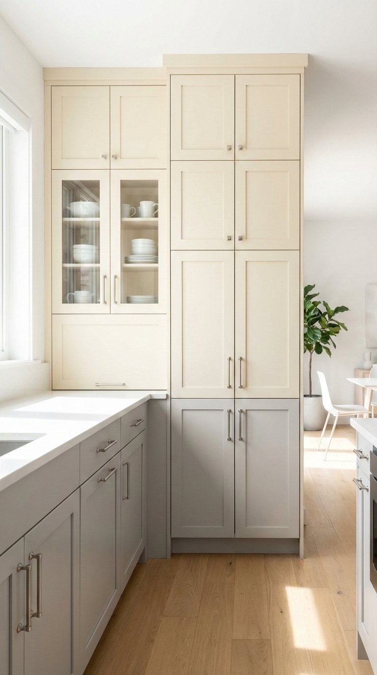 Modern small kitchen remodel featuring floor-to-ceiling custom cabinetry with pull-out pantries and sleek brushed nickel hardware in warm cream and gray tones.