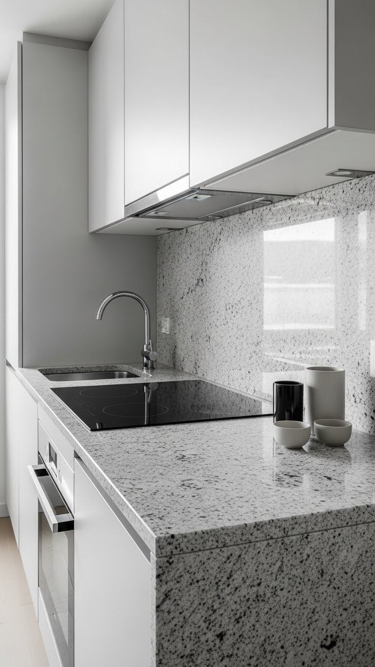 Small Kitchen Granite Countertops: 9 Genius Ideas For Space 5 Modern small kitchen with continuous light gray granite countertop seamlessly flowing into a full-height backsplash for cohesive design