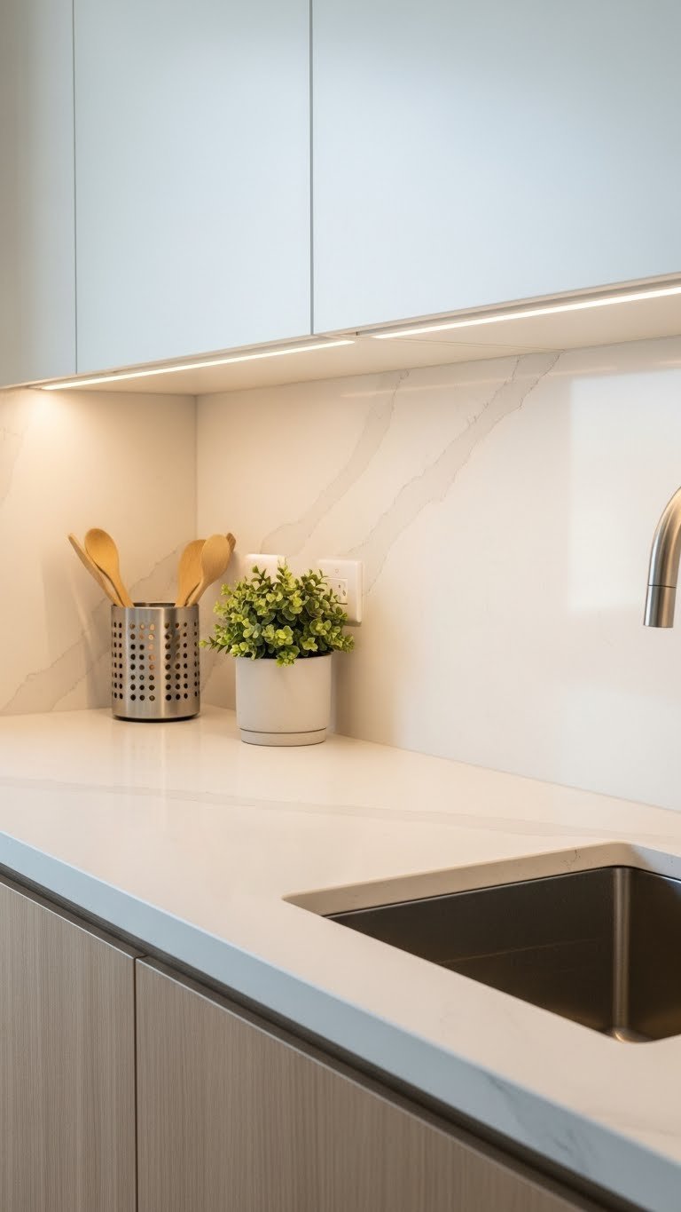 Modern small kitchen with continuous quartz countertop extending into matching full-height backsplash for seamless design.