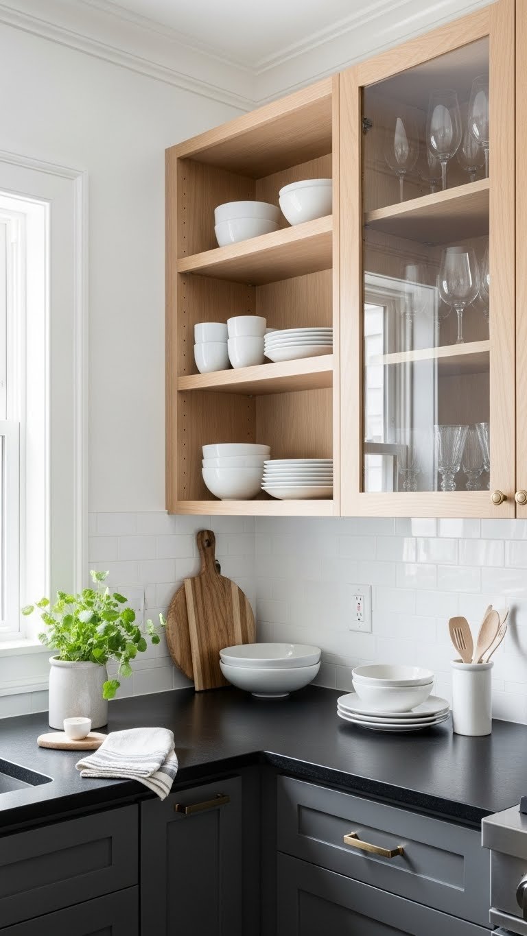 Modern small kitchen with honed black stone countertops, light wood open shelves, and glass-front cabinets